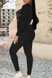 Black Sportwear Letter Print Round Neck Long Sleeve Sweatshirt and Pencil Sweatpants Fall Winter Two Pieces Sweatsuits Sets