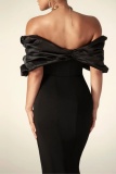 Black Off Shoulder Ruffled Layered Drap Sleeve Backless Slit Long Thigh-High Slit Floor-Length Formal Party Evening Bodycon Dress