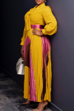 Orange Pink Graphics Print Asymmetrical Collar Long Sleeve Belted Gown Formal A-Line Pleated Flowy Maxi Dress