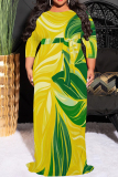 Apricot Casual Bohemian Leaf Print O Neck Long 3/4 Sleeve Loose Fit Flowy Plus Size Summer Dress For Vacation Beach
