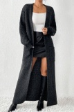 Black Casual Pocket Long Sleeve Fall Winter Long Knitted Sweater Cardigan Outerwear Coats
