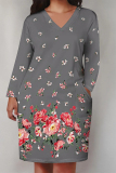 Light Blue Floral Print Deep V Neck Long Sleeve Women's Casual Outing Straight Loose Fit Tunic Midi Dress with Pocket