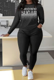 Black Sportwear Letter Print Round Neck Long Sleeve Sweatshirt and Pencil Sweatpants Fall Winter Two Pieces Sweatsuits Sets