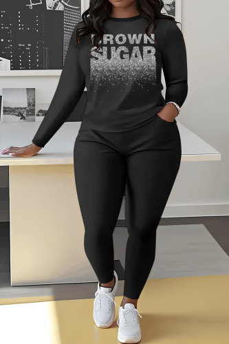 Black Sportwear Letter Print Round Neck Long Sleeve Sweatshirt and Pencil Sweatpants Fall Winter Two Pieces Sweatsuits Sets