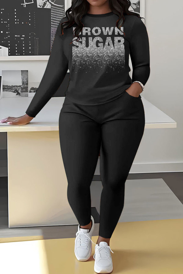 Black Sportwear Letter Print Round Neck Long Sleeve Sweatshirt and Pencil Sweatpants Fall Winter Two Pieces Sweatsuits Sets