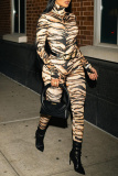 Party Club Casual Print Tiger Stripes Turtleneck Long Sleeve Skinny Jumpsuits (Without Belt)