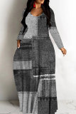 Purple Casual Street Faux Denim Print Long Sleeve Floor Length Loose Vacation Baggy Maxi Dress