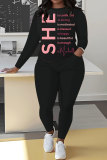 Black Sportwear Letter Print Round Neck Long Sleeve Sweatshirt and Pencil Sweatpants Fall Winter Two Pieces Sweatsuits Sets