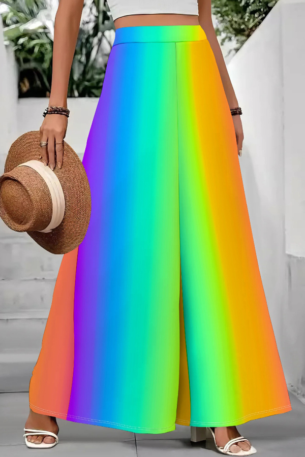 Vacation Gradient Tie Dye Floral Loose Mid Waist Speaker Wide Leg Pants Bottoms