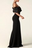 Black Off Shoulder Ruffled Layered Drap Sleeve Backless Slit Long Thigh-High Slit Floor-Length Formal Party Evening Bodycon Dress