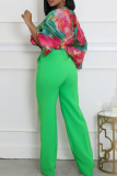 Red Loose Casual Abstarct Print Round Neck Three Quarter Bat-wing Sleeve Elastic Waisted Pleated Tops Blouses