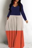 Khaki Graphcis Print V Neck Long Sleeve Floor Length Casual Outing Oversized Hem Loose Maxi Dress