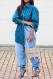 Blue Loose Casual Button up Turndown Collar Long Sleeve Tops Shirts