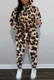 Grey Black Sportwear Casual Leopard Letter Print Hooded Long Sleeve Sweatshirts and Pencil Sweatpants Fall Winter Two Pieces Sweatsuit Sets