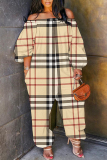 Khaki Loose Casual Plaid Print Off Shoulder Long Lantern Sleeve Overall Jumpsuits