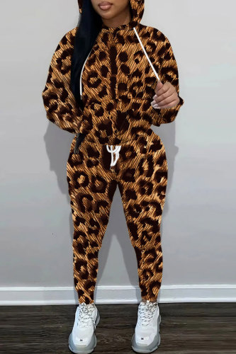 Grey Black Sportwear Casual Leopard Letter Print Hooded Long Sleeve Sweatshirts and Pencil Sweatpants Fall Winter Two Pieces Sweatsuit Sets