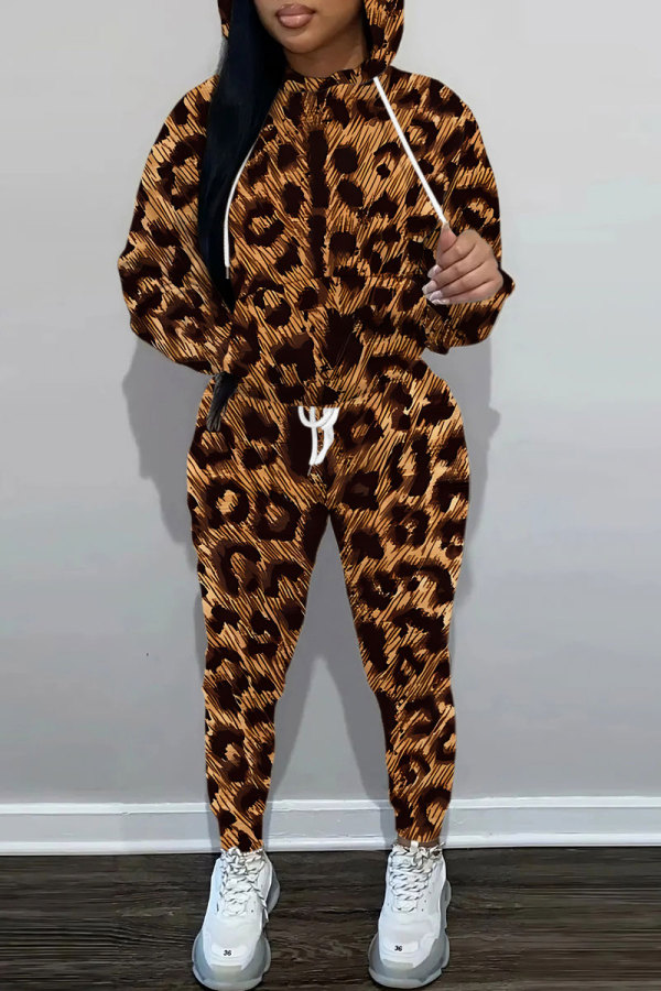 Grey Black Sportwear Casual Leopard Letter Print Hooded Long Sleeve Sweatshirts and Pencil Sweatpants Fall Winter Two Pieces Sweatsuit Sets