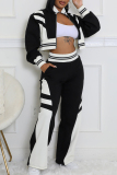 Black Sportwear Casual Striped Contrast Zip-up Stand Collar Long Sleeve Jacket and Straight Leg Sweatpants Fall Winter Two Pieces Sweatsuit Sets