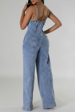 Light Blue Casual Pocket Button up Backless Spaghetti Strap Loose Wide Leg Denim Cami Jumpsuits