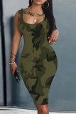 Light Blue Casual Camouflage Print Square Neck Sleeveless Vacation Bodycon Midi Tank Dress