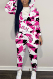 Pink Skinny Sportwear Casual leopard Letter Print Hooded Zip-up Long Sleeve Jacket and Pencil Sweatpants Fall Winter Two Pieces Sweatsuit Sets