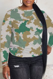 Army Green Loose Cotton Casual Camouflage Print Round Neck Long Sleeve T-Shirts Tops