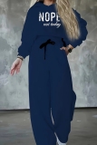 Navy Blue Loose Sportwear Casual Letter Print Hooded Long Sleeve Sweatshirt and Wide Leg Sweatpants Fall Winter Two Pieces Sweatsuits Sets