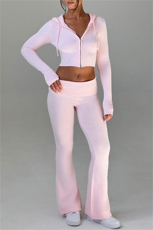 Pink Bodycon Casual Hooded Zip-up Long Sleeve Short Jacket and Flare Leg Pants Fall Winter Two Pieces Sweatsuit Sets