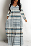 Khaki Graphcis Print V Neck Long Sleeve Floor Length Casual Outing Oversized Hem Loose Maxi Dress
