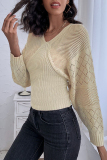 Apricot Casual Cut Out V Neck Long Batwing Sleeve Waisted Fall Winter Knitted Sweater Tops Blouses