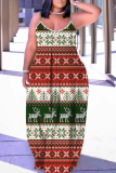 Light Blue Casual Christmas-Themed Print Print Backless Spaghetti Strap Long Maxi Slip Dresses