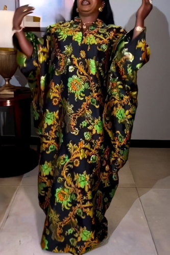 Dark Green Floral Kaftan Print Batwing Sleeve V Neck Long Plus Size Long Loose Fit Beach Vacations Bohemian Maxi Dress