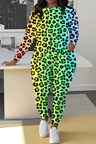 Green Sportwear Casual Leopard Print Round Neck Long Sleeve Sweatshirt and Pencil Sweatpants Fall Winter Two Pieces Sweatsuits Sets