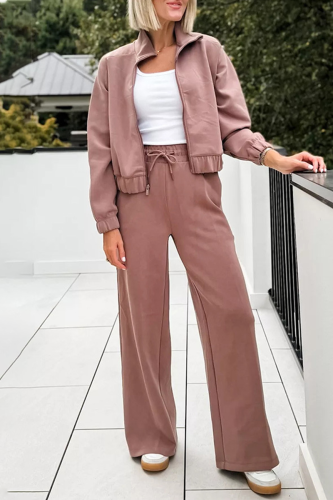 Pink Sportwear Zip-up Stand Collar Long Sleeve Jacket and Wide Leg Sweatpants Fall Winter Two Pieces Sweatsuit Sets