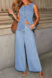 Blue Loose Casual Pocket Button up Round Neck Sleeveless Waisted Vest and Wide Leg Pants Denim Two Pieces Sets