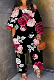Multicolor Loose Casual Floral Print Off Shoulder Long Lantern Sleeve Overall Jumpsuits