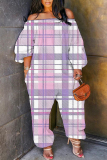 Khaki Loose Casual Plaid Print Off Shoulder Long Lantern Sleeve Overall Jumpsuits