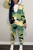 Blue Skinny Sportwear Casual Colorblock Leaf Print Hooded Zip-up Long Sleeve Jacket and Pencil Sweatpants Fall Winter Two Pieces Sweatsuit Sets