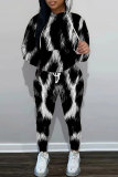 Grey Black Sportwear Casual Leopard Letter Print Hooded Long Sleeve Sweatshirts and Pencil Sweatpants Fall Winter Two Pieces Sweatsuit Sets