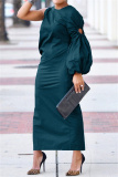 White Puff Sleeves with Cut-Out High Neck Slim Fit Wedding Guests Evening Parties Ruched Maxi Dress