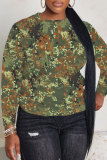 Army Green Loose Cotton Casual Camouflage Print Round Neck Long Sleeve T-Shirts Tops