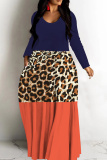 Khaki Graphcis Print V Neck Long Sleeve Floor Length Casual Outing Oversized Hem Loose Maxi Dress