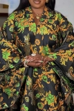 Dark Green Floral Kaftan Print Batwing Sleeve V Neck Long Plus Size Long Loose Fit Beach Vacations Bohemian Maxi Dress