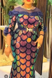 Green Gradient Weddings Formal Gown With Sheer Overlay Scalloped Pattern 3/4 Sleeves Bodycon African Print Maxi Dress