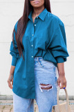Blue Loose Casual Button up Turndown Collar Long Sleeve Tops Shirts