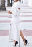 White Puff Sleeves with Cut-Out High Neck Slim Fit Wedding Guests Evening Parties Ruched Maxi Dress