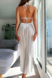 White Backless Sheer Halter Neck Lace Up Vacation Beach Cover-Up Bodycon Maxi Slip Dress