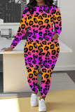 Green Sportwear Casual Leopard Print Round Neck Long Sleeve Sweatshirt and Pencil Sweatpants Fall Winter Two Pieces Sweatsuits Sets