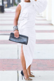 White Puff Sleeves with Cut-Out High Neck Slim Fit Wedding Guests Evening Parties Ruched Maxi Dress