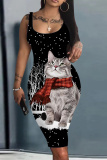 Black Casual Christmas Print Square Neck Sleeveless Vacation Bodycon Midi Tank Dress